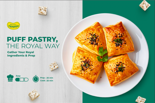 Royal Tempeh puff pastry recipe showing golden baked pastries topped with sesame seeds and herbs.