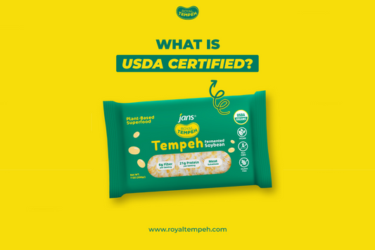 Royal Tempeh USDA certified promo showing packaged tempeh with plant-based, vegan, non-GMO, and gluten-free labels.