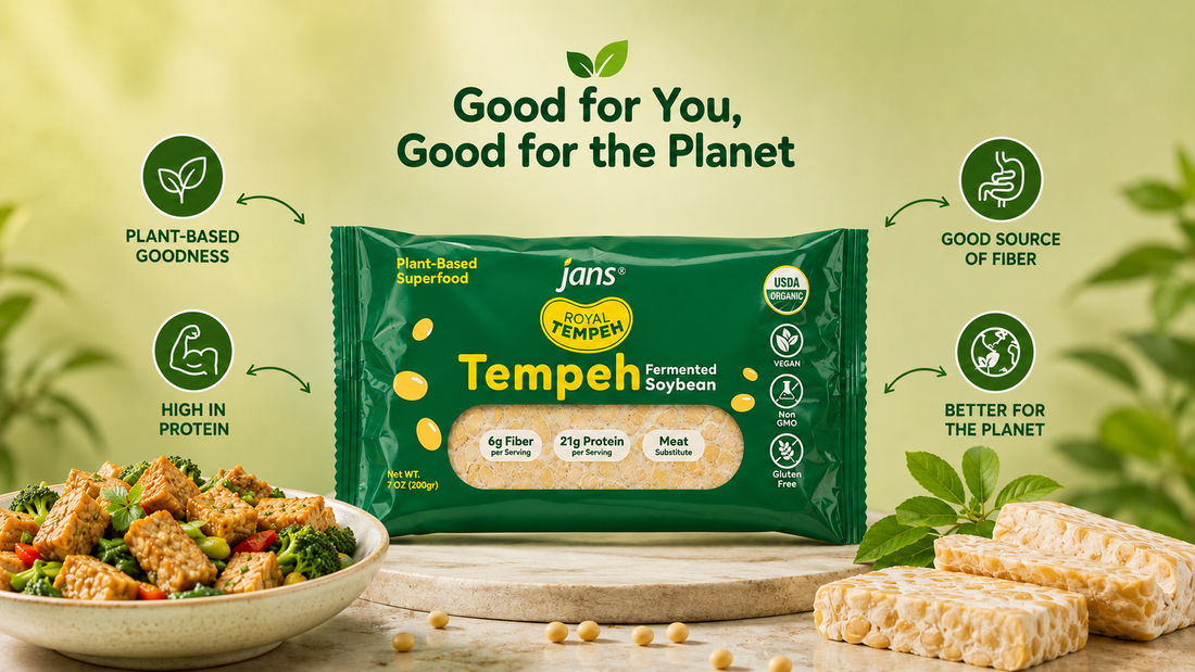 A promotional banner reading Good for You, Good for the Planet featuring packaged Jans Royal Tempeh next to a cooked tempeh bowl and fresh sliced tempeh blocks with plant-based benefit icons.