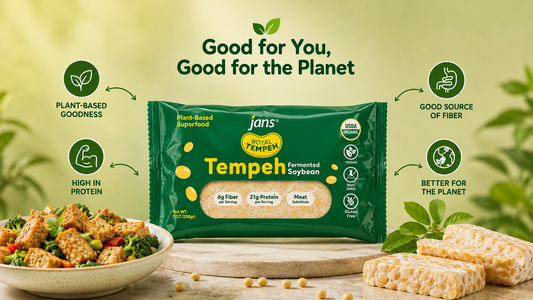 A promotional banner reading Good for You, Good for the Planet featuring packaged Jans Royal Tempeh next to a cooked tempeh bowl and fresh sliced tempeh blocks with plant-based benefit icons.