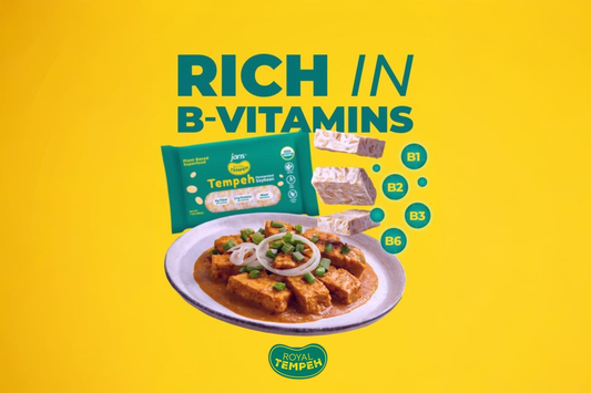 Royal Tempeh graphic showing tempeh pieces on a plate with curry sauce and green onions, highlighting B1, B2, B3, and B6 vitamins on a bright yellow background.