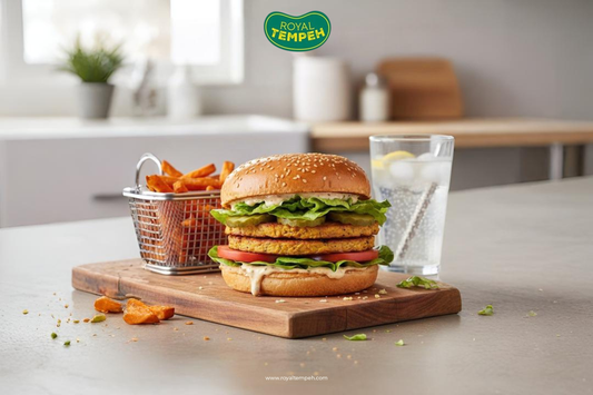 Royal Tempeh burger stacked with fresh lettuce, tomato, and tempeh patties on a sesame bun, served with sweet potato fries and a glass of lemon water.
