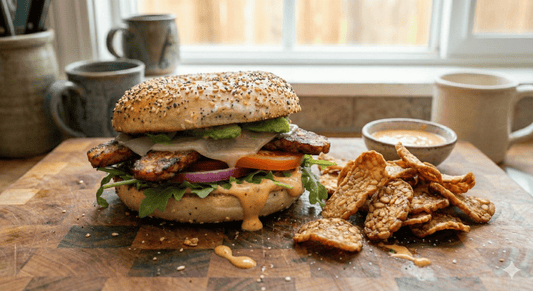 A tempeh sandwich on a seeded bun with avocado, melted cheese, vegetables, and sauce, served on a wooden board alongside crispy tempeh chips and a bowl of dipping sauce.