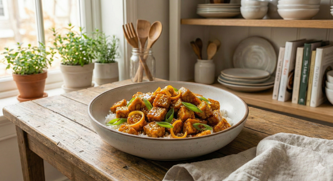 A bowl of glazed tempeh cubes with sesame seeds and green onions served over white rice on a rustic wooden table in a cozy kitchen setting with plants and cooking utensils in the background.