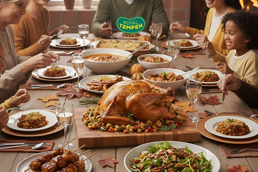 Family enjoying a festive meal with a roasted turkey and multiple Royal Tempeh dishes on the table.