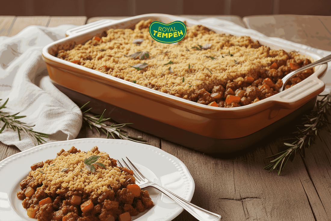 Royal Tempeh casserole topped with golden crumb, served on a plate with herbs on a wooden table.