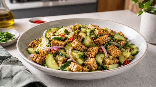 A fresh bowl of high-protein tempeh cucumber salad tossed with sliced cucumbers, red onions, herbs, and golden seared tempeh pieces on a kitchen table.