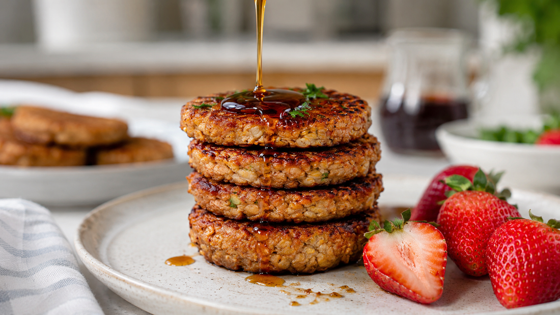 A stack of crispy, golden-brown plant-based tempeh sausage patties drizzled with maple syrup on a white plate next to fresh sliced strawberries.