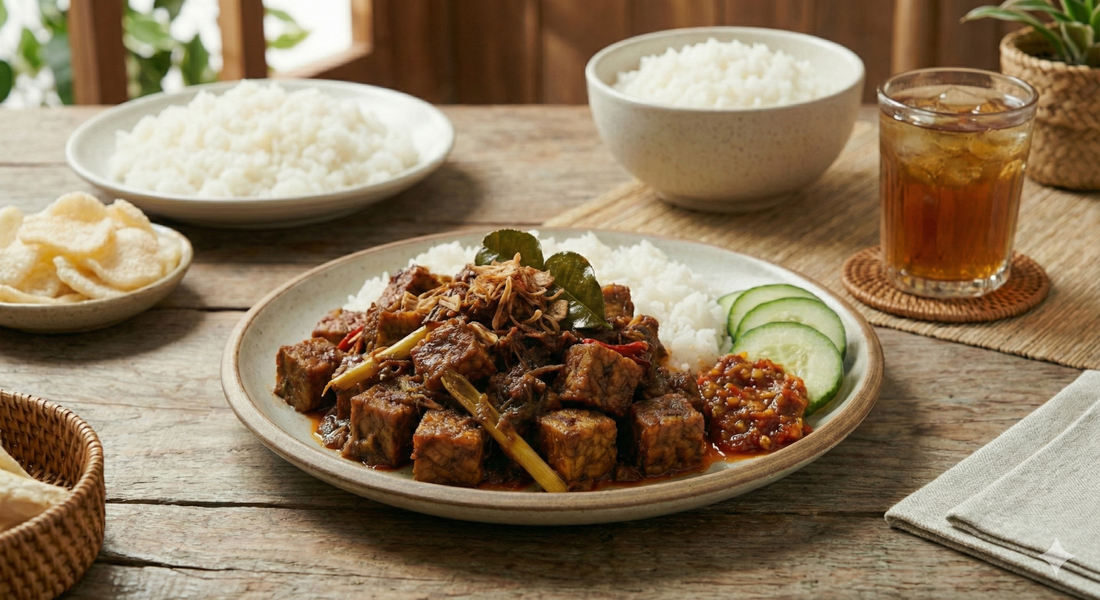 A plate of spicy tempeh rendang served with white rice, cucumber slices, and sambal, set on a rustic wooden table with crackers, extra rice bowls, and a glass of iced tea in the background.