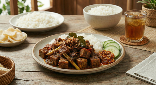 A plate of spicy tempeh rendang served with white rice, cucumber slices, and sambal, set on a rustic wooden table with crackers, extra rice bowls, and a glass of iced tea in the background.