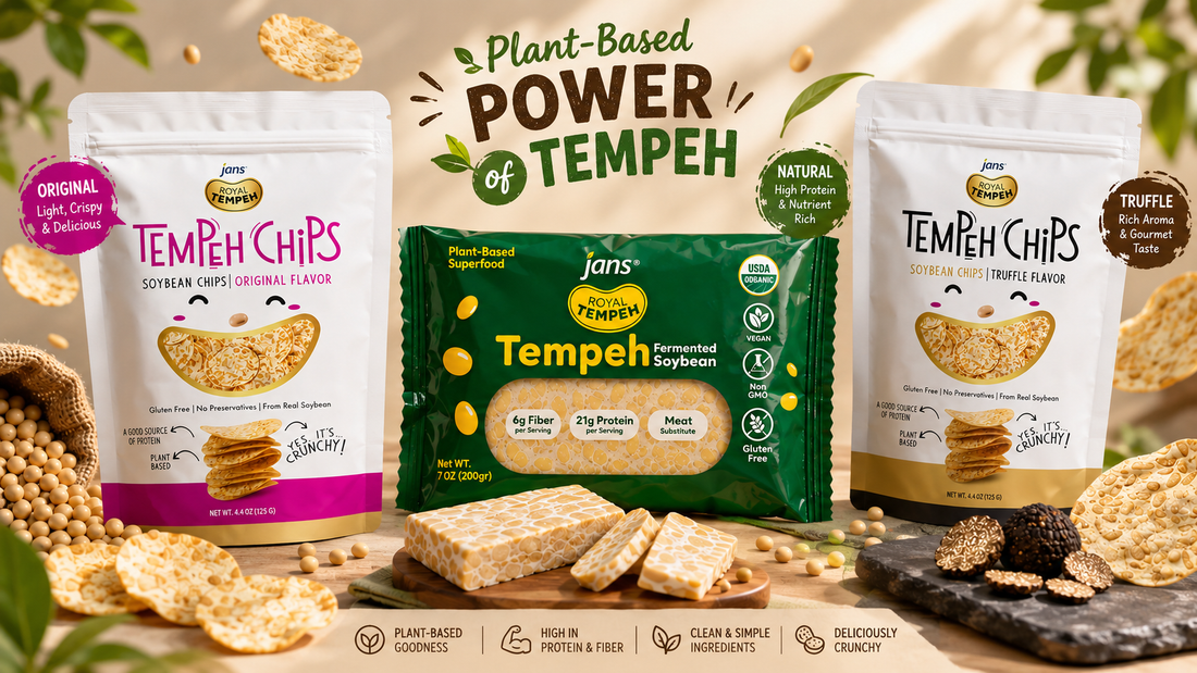 A promotional graphic titled Plant-Based Power of Tempeh featuring a green package of Jans Royal Tempeh surrounded by sliced tempeh blocks and bags of Jans Tempeh Chips in Original and Truffle flavors.