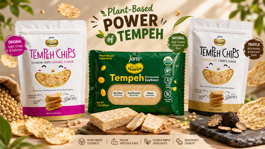 A promotional graphic titled Plant-Based Power of Tempeh featuring a green package of Jans Royal Tempeh surrounded by sliced tempeh blocks and bags of Jans Tempeh Chips in Original and Truffle flavors.
