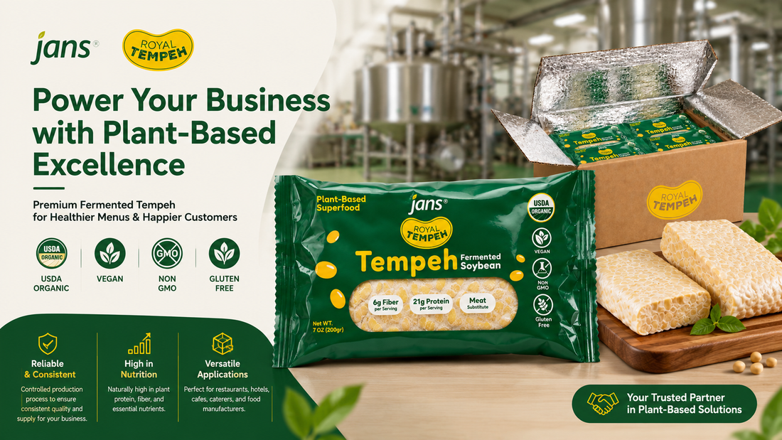 A promotional graphic titled Power Your Business with Plant-Based Excellence showing a green package of Jans Royal Tempeh next to insulated cold-chain shipping boxes and sliced tempeh blocks.