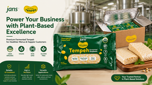 A promotional graphic titled Power Your Business with Plant-Based Excellence showing a green package of Jans Royal Tempeh next to insulated cold-chain shipping boxes and sliced tempeh blocks.