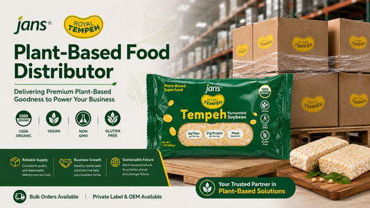 Royal Tempeh plant-based food distributor banner featuring packaged fermented soybean tempeh, sliced tempeh blocks, and warehouse shipping boxes.