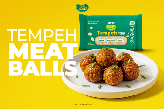 Royal Tempeh meatballs served on a white plate, showcasing plant-based protein and fiber with USDA-certified tempeh packaging.