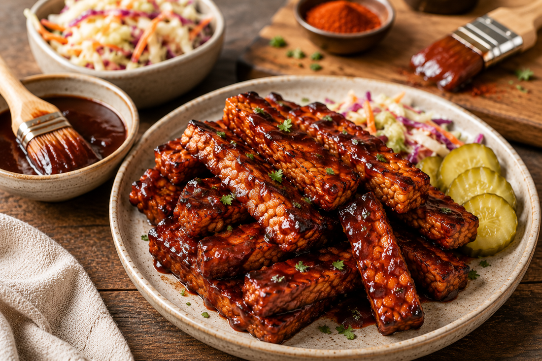 Thick, rectangular strips of Royal Tempeh coated in a glossy, rich dark BBQ sauce stacked on a plate, served alongside sliced pickles, a bowl of coleslaw, and a basting brush dipped in barbecue sauce on a rustic wooden table.