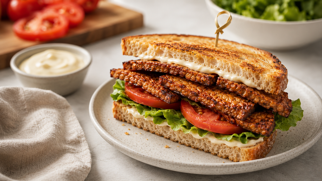 A toasted BLT tempeh sandwich layered with crispy marinated tempeh strips, lettuce, and sliced tomato on a white ceramic plate next to dipping sauce and sliced tomatoes.