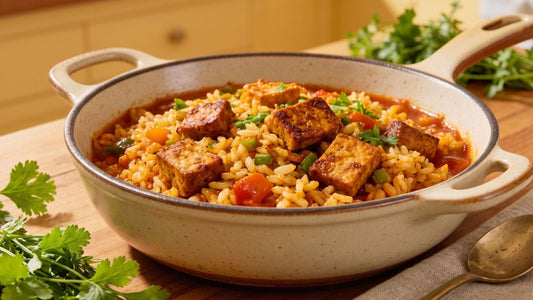 A rustic ceramic skillet filled with a steaming Cajun tempeh rice skillet meal, featuring golden-brown seasoned Royal Tempeh cubes mixed with rice, tomatoes, and herbs.