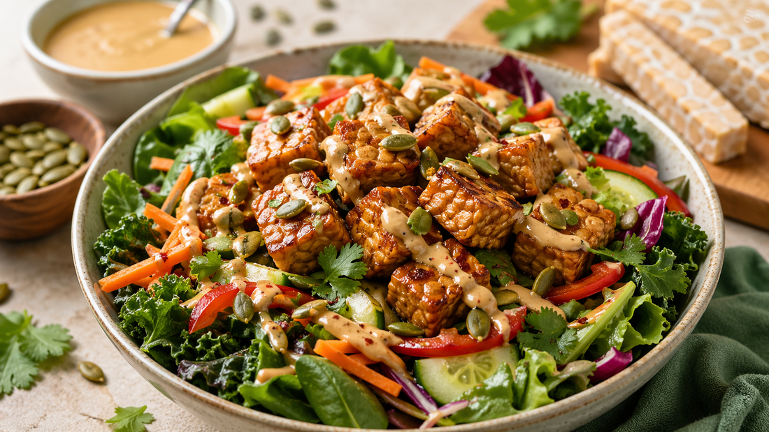 A large bowl of fresh tempeh salad topped with marinated Royal Tempeh cubes, pumpkin seeds, and a creamy ginger dressing, served with fresh greens and cucumber.