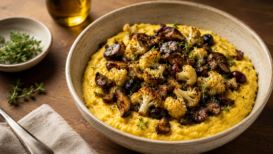 A shallow ceramic bowl filled with bright yellow cornmeal porridge topped with roasted Royal Tempeh cubes, roasted cauliflower florets, and fresh herbs on a wooden table.
