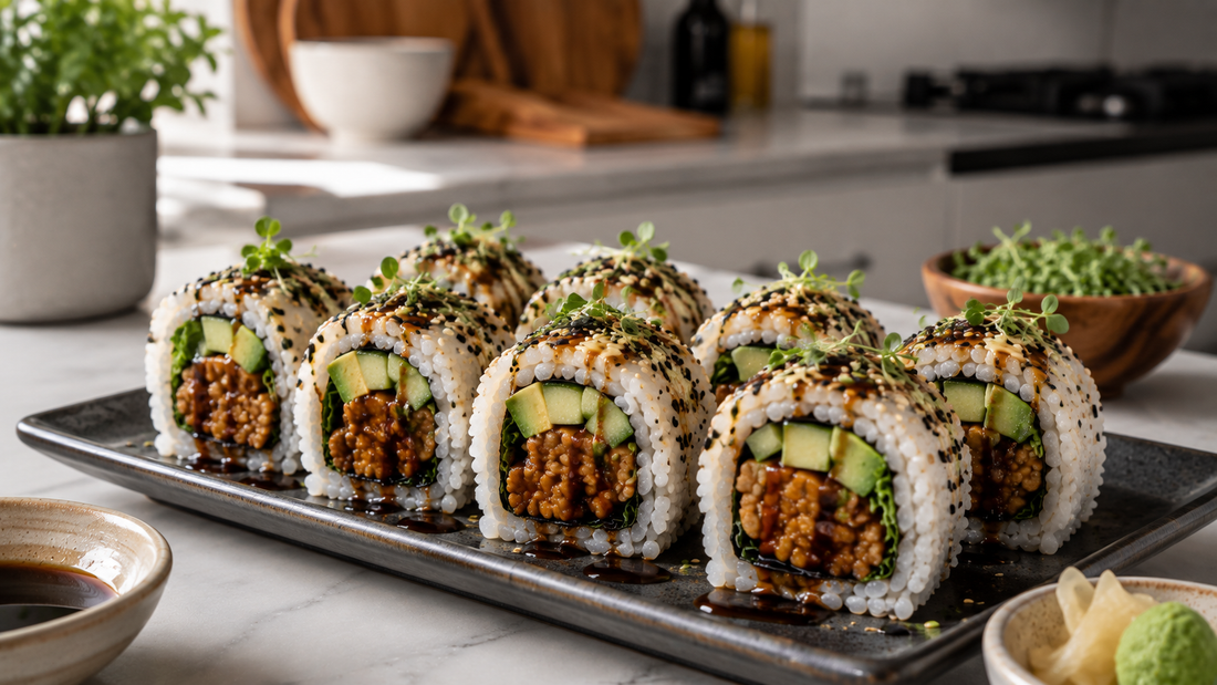 A stylish platter of homemade sushi rolls filled with seasoned tempeh, avocado, and cucumber, topped with microgreens and sesame seeds, served with soy sauce and pickled ginger.