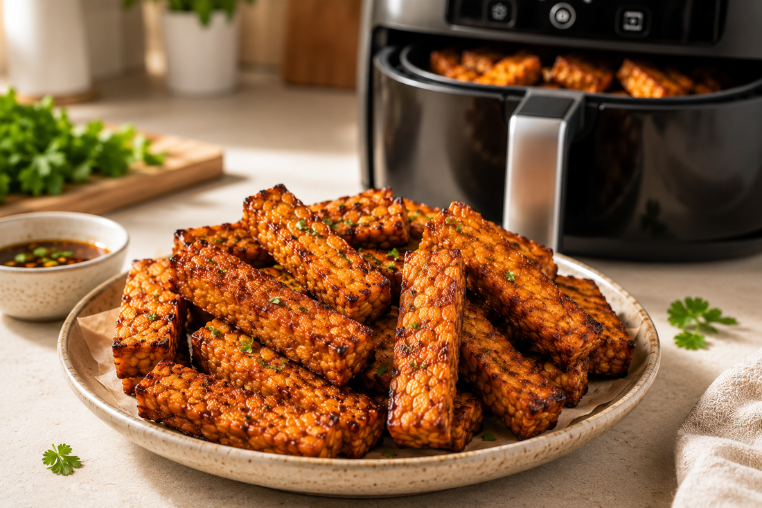 A stack of seasoned, golden-brown air-fried tempeh strips piled neatly on a ceramic plate, displayed on a kitchen counter next to a small bowl of dipping sauce and a black air fryer machine in the background.