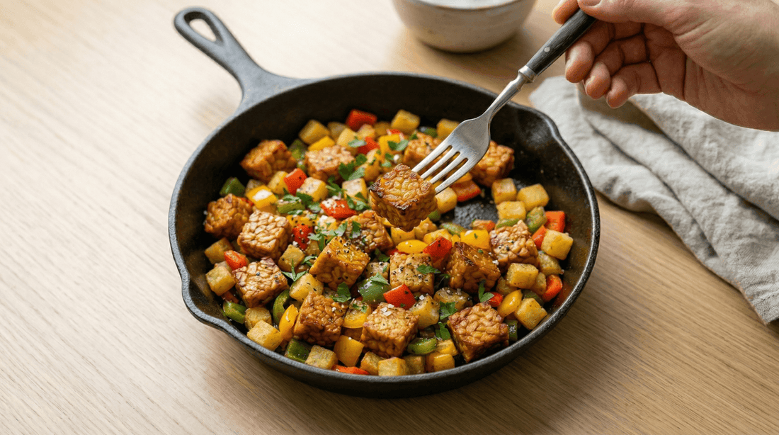 A black cast-iron skillet filled with an easy crispy tempeh hash recipe, featuring golden tempeh cubes, bell peppers, and potatoes.