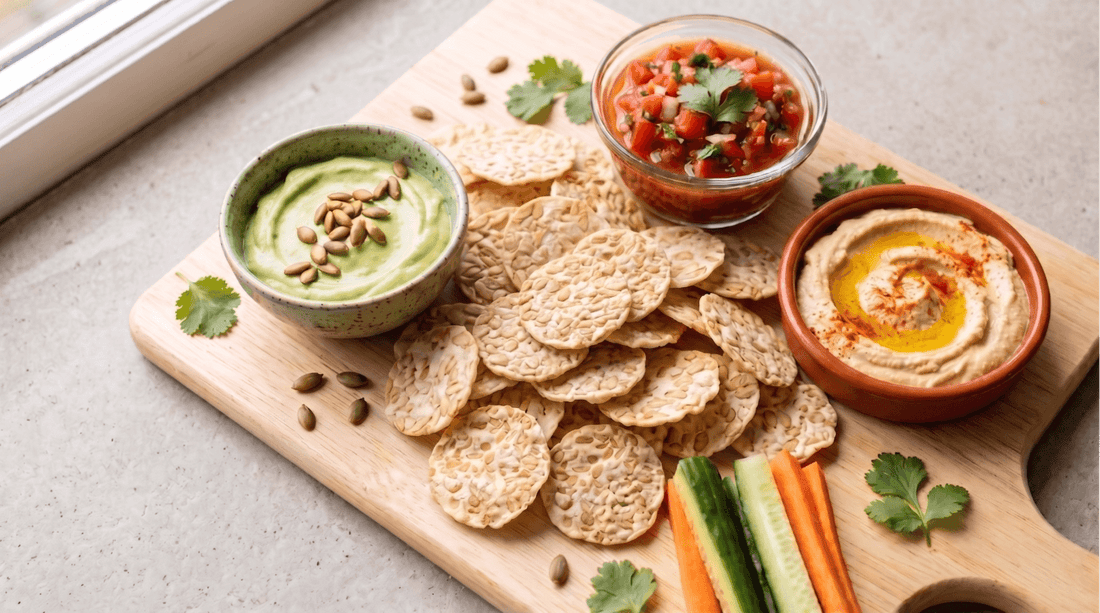 A wooden platter featuring tempeh chips served with a variety of easy dips, including fresh salsa, hummus, and a creamy avocado dip garnished with pumpkin seeds.