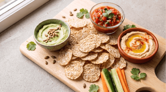 A wooden platter featuring tempeh chips served with a variety of easy dips, including fresh salsa, hummus, and a creamy avocado dip garnished with pumpkin seeds.
