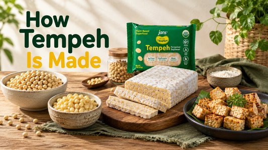 A wooden cutting board with a sliced raw tempeh block and a plate of cooked cubes, displayed on a rustic table next to bowls of raw soybeans and a green package of Jans Tempeh, with graphic text overlay reading "How Tempeh Is Made".