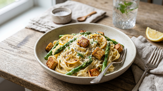A shallow ceramic bowl filled with spaghetti tossed in a light lemon sauce, topped with pan-fried cubes of Royal Tempeh, fresh green asparagus pieces, lemon wheels, and a sprinkle of grated cheese.