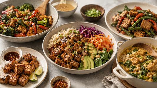 A colorful tabletop spread of healthy plant-based meals, including a tempeh grain bowl with avocado, broccoli stir-fry, sauteed green beans, and dipping sauces.