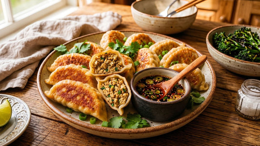 A platter of pan-fried crispy tempeh potstickers with golden-brown bottoms, arranged around a central bowl of dark, chili-flecked soy dipping sauce on a rustic wooden table.