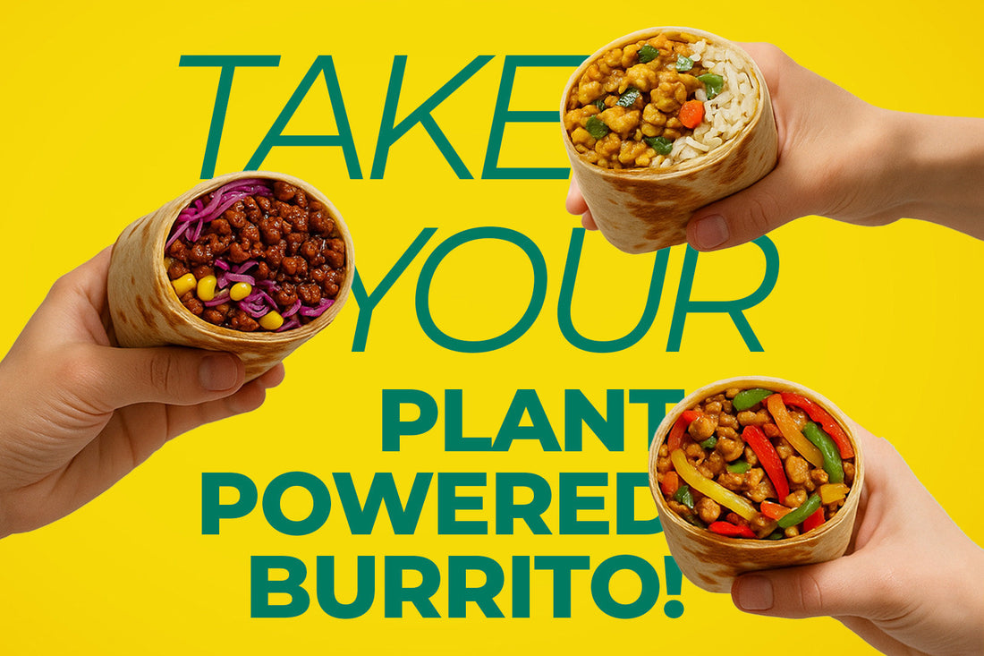 Hands holding three plant-based burritos filled with tempeh, rice, beans, cabbage, and colorful veggies on a yellow background with the text 'Take Your Plant Powered Burrito!
