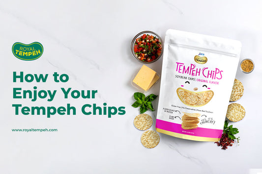 A white stand-up pouch of pink Jans Tempeh Chips Original Flavor arranged on a marble surface next to a small bowl of fresh salsa, loose round chips, and text that reads "How to Enjoy Your Tempeh Chips" with a green Royal Tempeh logo.