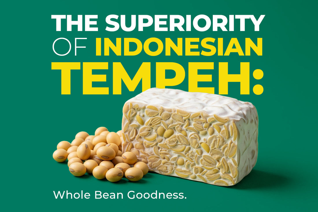 Block of Indonesian tempeh with whole soybeans on a green background, highlighting tempeh’s superiority and whole bean goodness.