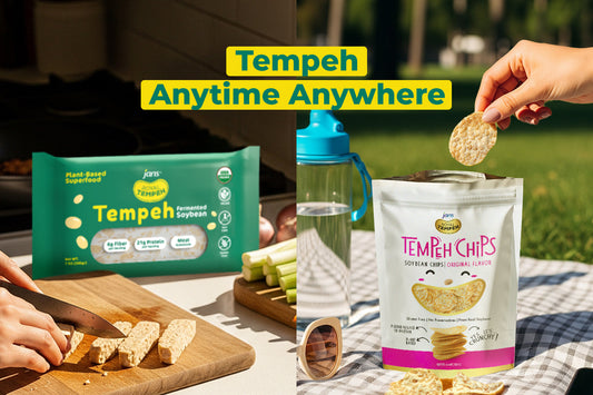 Royal Tempeh block sliced in kitchen and Tempeh Chips enjoyed outdoors with text 'Tempeh Anytime Anywhere'.