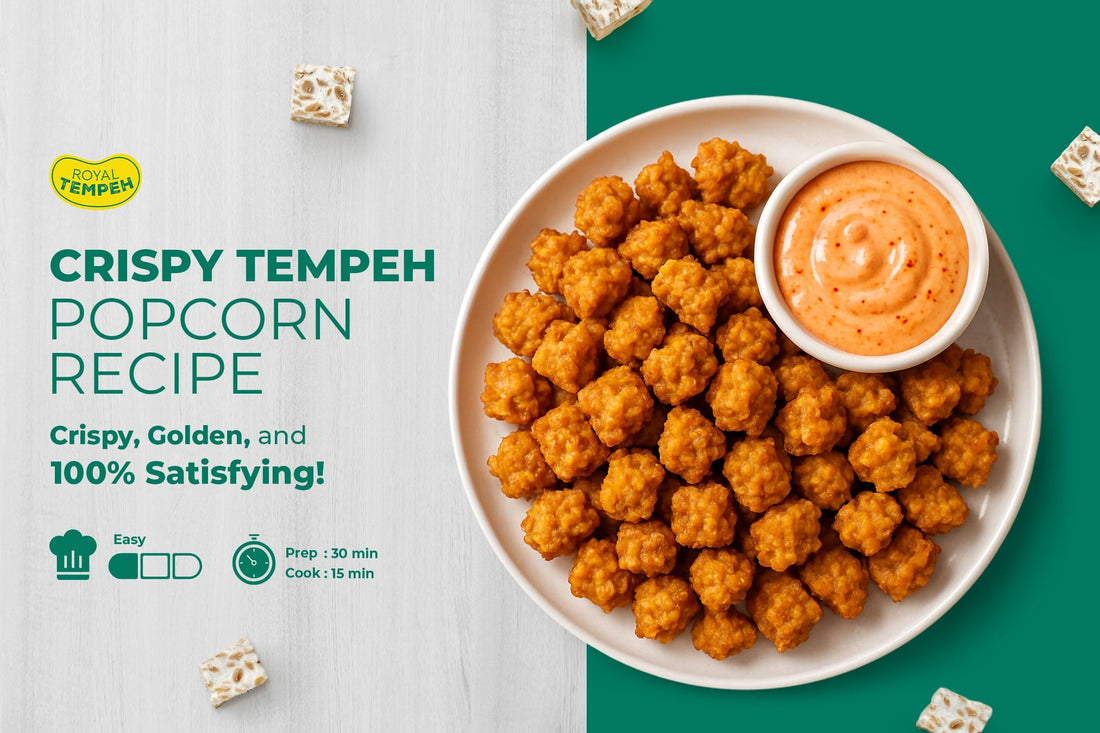 Royal Tempeh crispy popcorn recipe showing golden fried tempeh bites with dipping sauce.