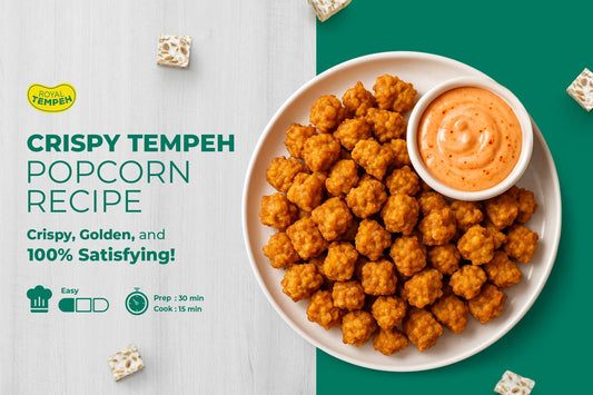 Royal Tempeh crispy popcorn recipe showing golden fried tempeh bites with dipping sauce.