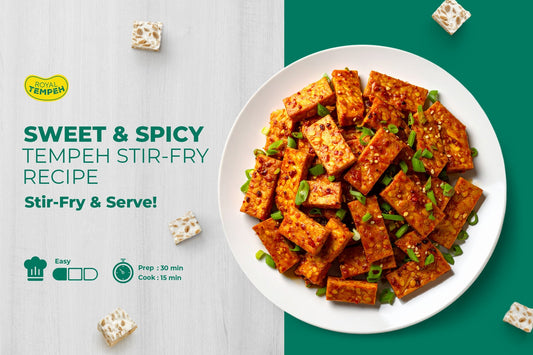 Royal Tempeh sweet and spicy stir-fry recipe featuring tempeh slices with chili and green onions.