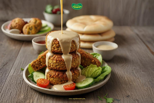 Stacked tempeh patties with creamy sauce, served with cucumber, tomato, and pita bread.