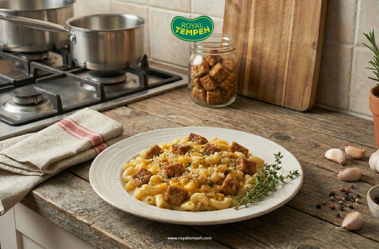 Creamy macaroni and cheese topped with crispy tempeh cubes on a rustic kitchen table.