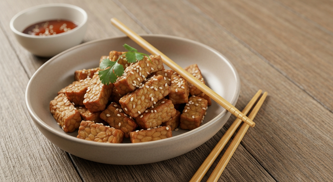 A bowl of golden-brown glazed tempeh cubes topped with sesame seeds and fresh cilantro, served with chopsticks and a side of dipping sauce on a wooden table.