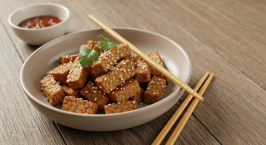 A bowl of golden-brown glazed tempeh cubes topped with sesame seeds and fresh cilantro, served with chopsticks and a side of dipping sauce on a wooden table.
