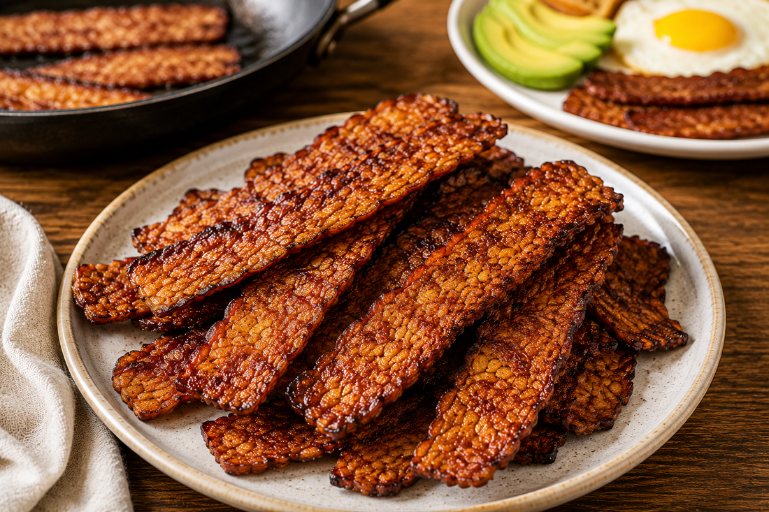 A heap of thin, crispy, golden-brown tempeh bacon strips piled onto a plate, served on a wooden breakfast table alongside a cast-iron skillet, sliced avocado, and a sunny-side-up egg.