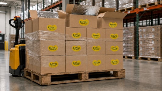 A wooden pallet stacked with cardboard shipping boxes bearing yellow Royal Tempeh circular logos, wrapped in clear plastic stretch film on a pallet jack in a commercial warehouse aisle.