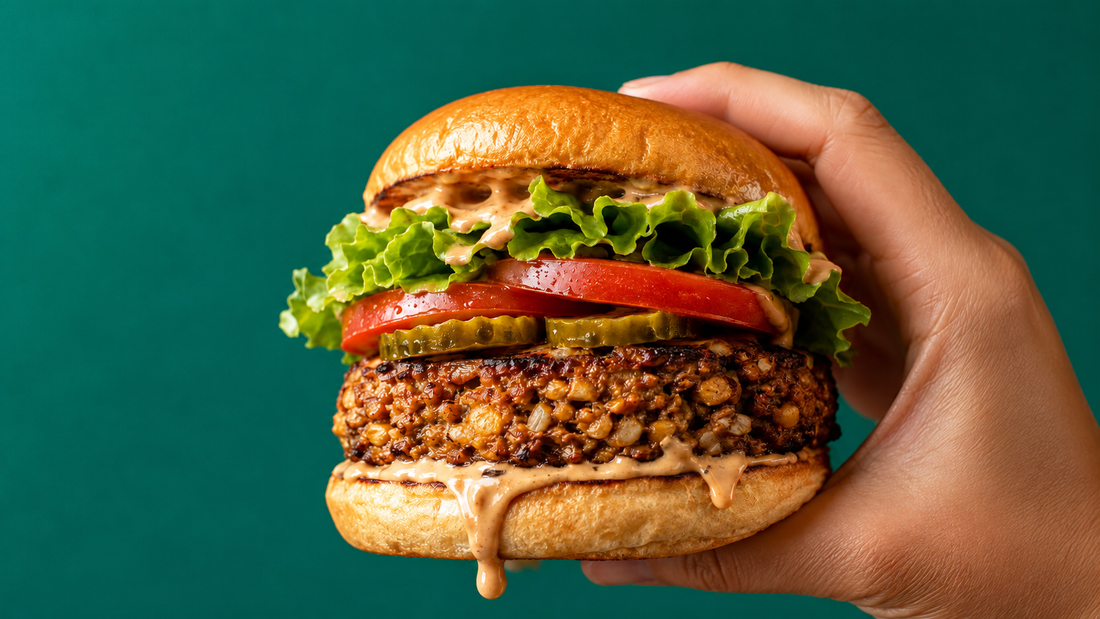 A person holding a juicy tempeh burger in a toasted brioche bun layered with a thick tempeh patty, melted special sauce, crisp lettuce, tomato, and pickles against a teal background.