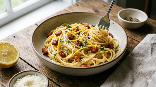 A close-up of a bowl of spaghetti tossed with crumbled tempeh, lemon zest, and herbs, being swirled by a fork, served on a rustic wooden table with lemon and parmesan on the side.