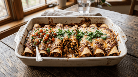 A baking dish filled with golden-brown tempeh enchiladas recipe topped with melted cheese, fresh salsa, and cilantro.